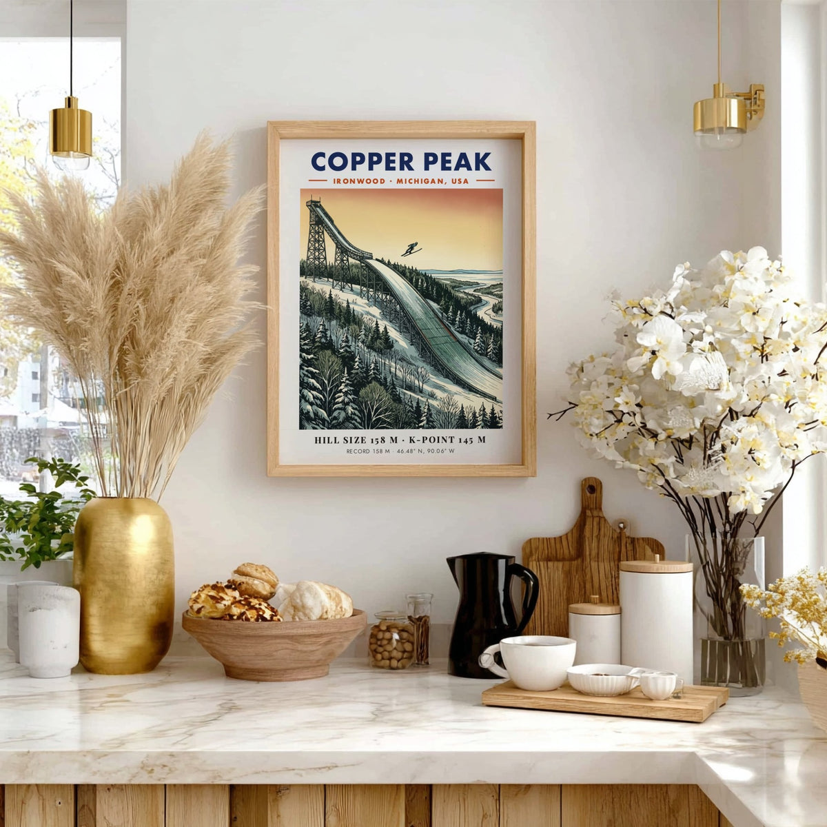 Poster of Copper Peak ski jumping hill in Ironwood Michigan with orange sunset sky