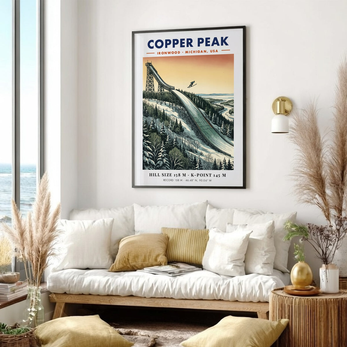 Poster of Copper Peak ski jumping hill in Ironwood Michigan with orange sunset sky