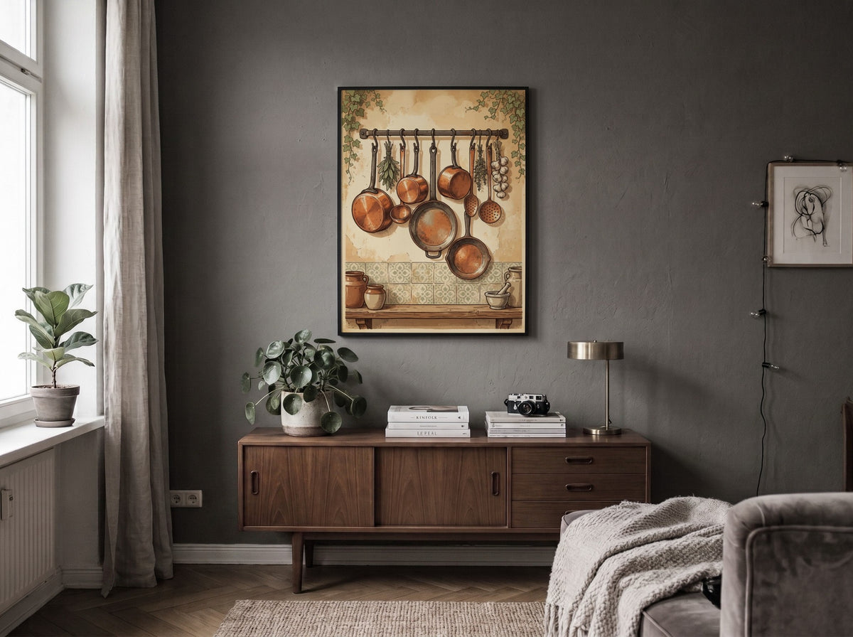 Copper kitchenware poster featuring hanging copper pots, fresh herbs, and rustic pottery on shelves.