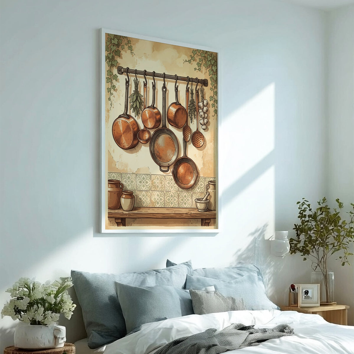 Copper kitchenware poster featuring hanging copper pots, fresh herbs, and rustic pottery on shelves.