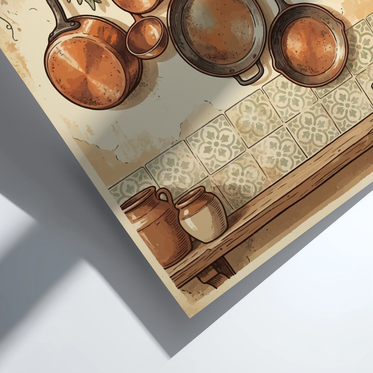 Copper kitchenware poster featuring hanging copper pots, fresh herbs, and rustic pottery on shelves.