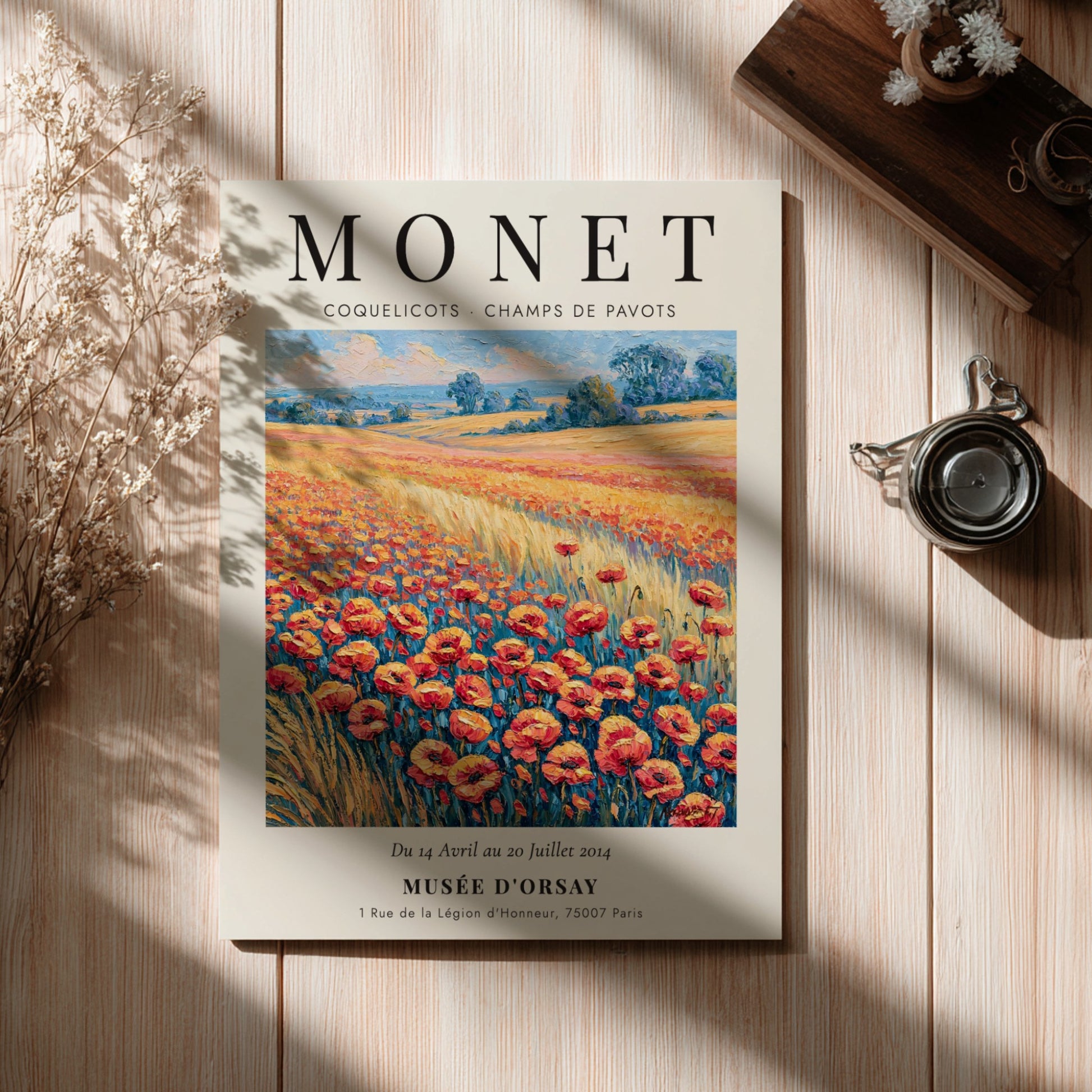 Monet inspired wall art featuring vibrant poppies in red and green hues