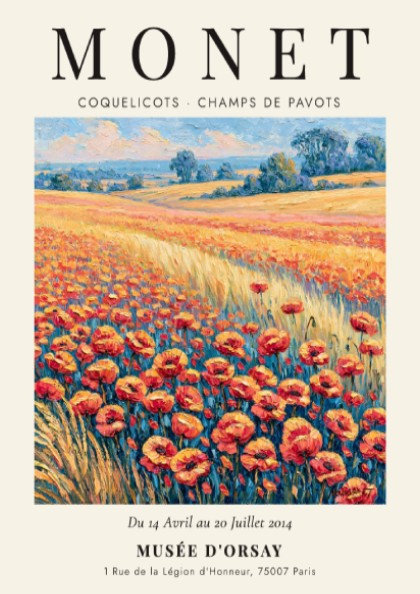 Monet inspired wall art featuring vibrant poppies in red and green hues