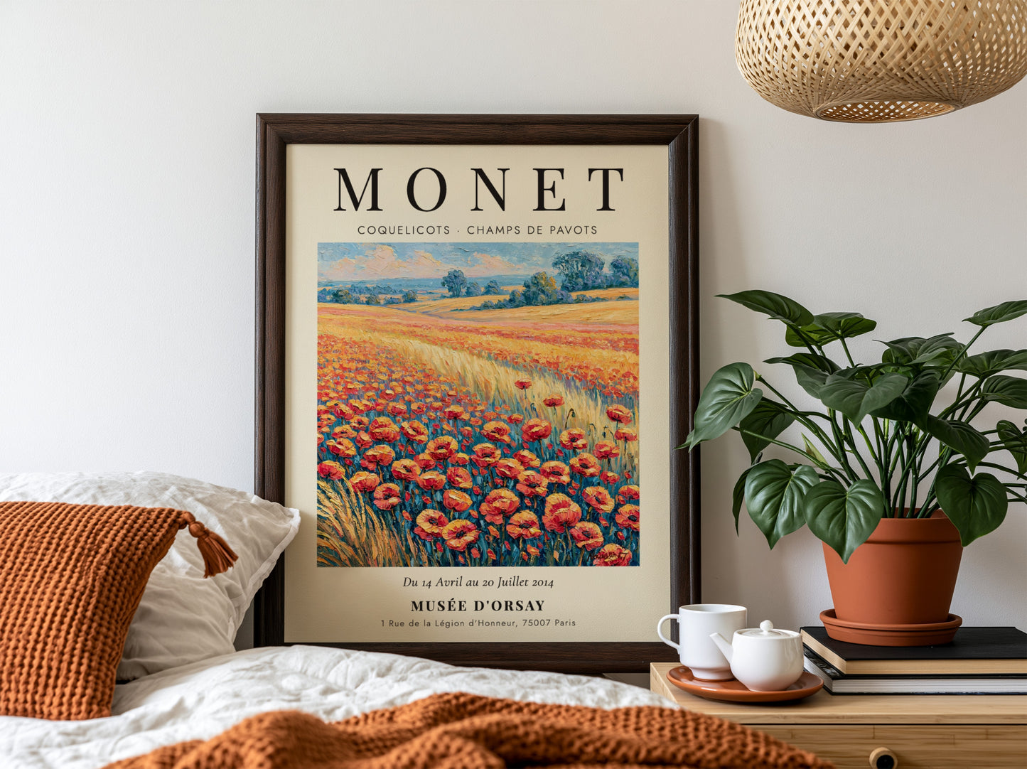 Monet inspired wall art featuring vibrant poppies in red and green hues