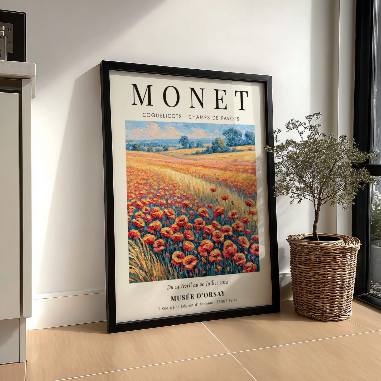 Monet inspired wall art featuring vibrant poppies in red and green hues