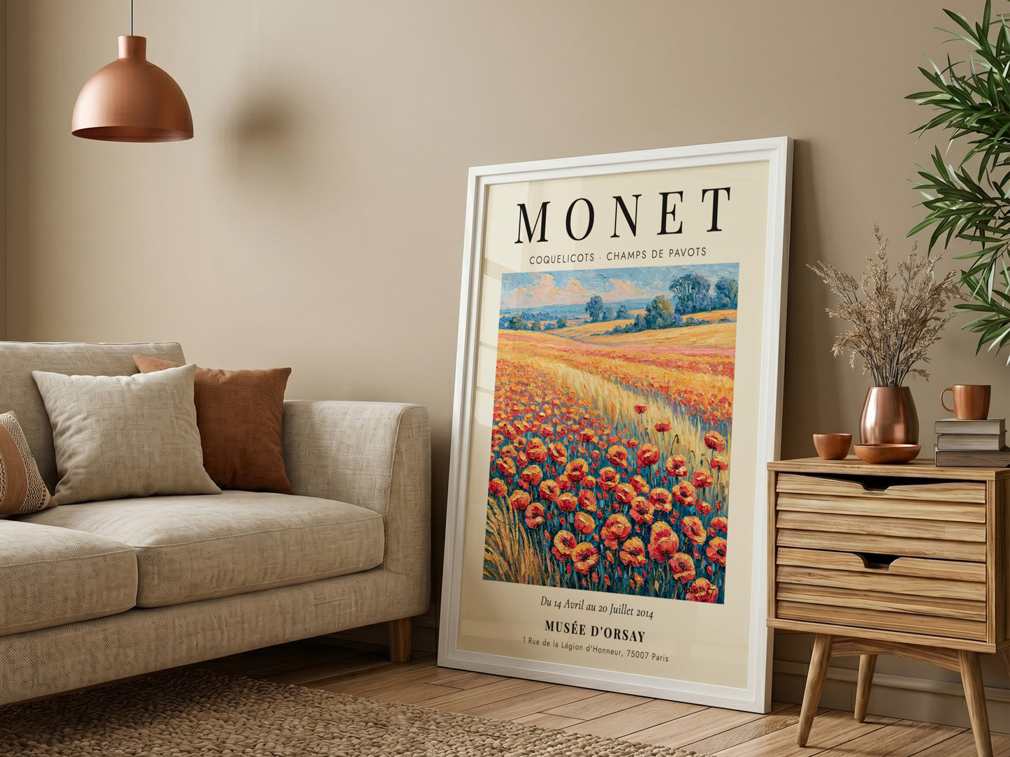 Monet inspired wall art featuring vibrant poppies in red and green hues