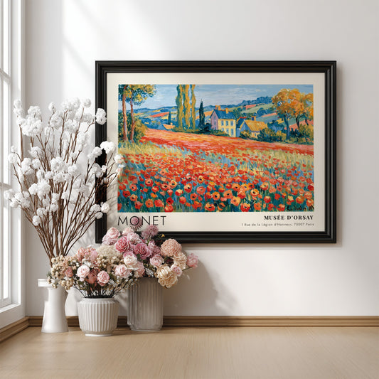 Coquelicots by Monet wall art print featuring vibrant red poppies and a serene landscape