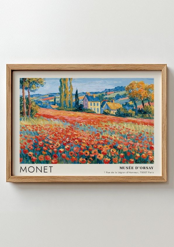 Coquelicots by Monet wall art print featuring vibrant red poppies and a serene landscape