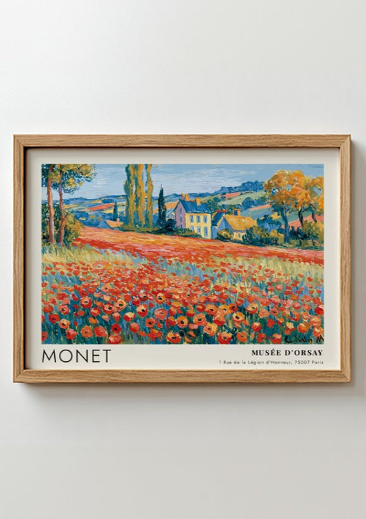 Coquelicots by Monet wall art print featuring vibrant red poppies and a serene landscape
