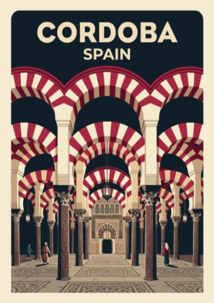 Travel poster of Cordoba Spain featuring iconic red and white striped mosque arches