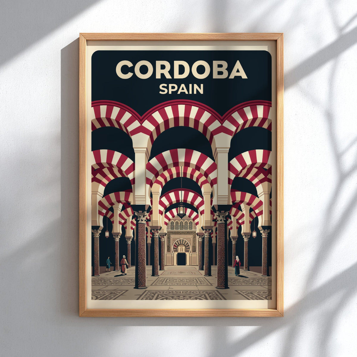 Travel poster of Cordoba Spain featuring iconic red and white striped mosque arches