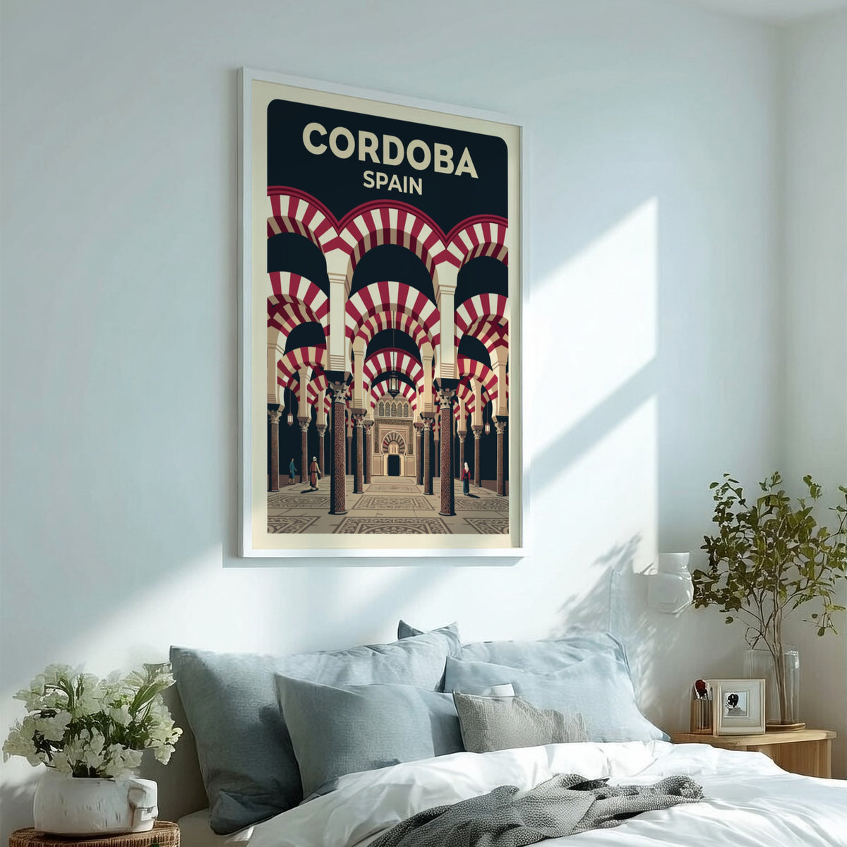 Travel poster of Cordoba Spain featuring iconic red and white striped mosque arches