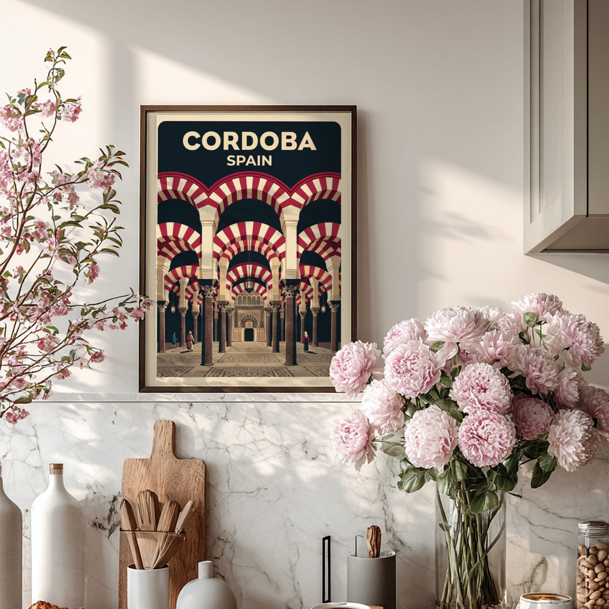 Travel poster of Cordoba Spain featuring iconic red and white striped mosque arches