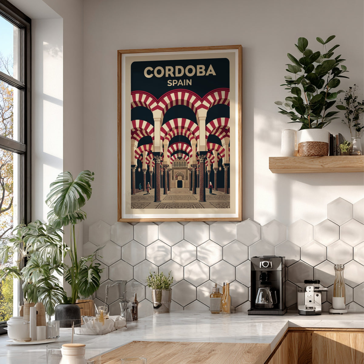 Travel poster of Cordoba Spain featuring iconic red and white striped mosque arches
