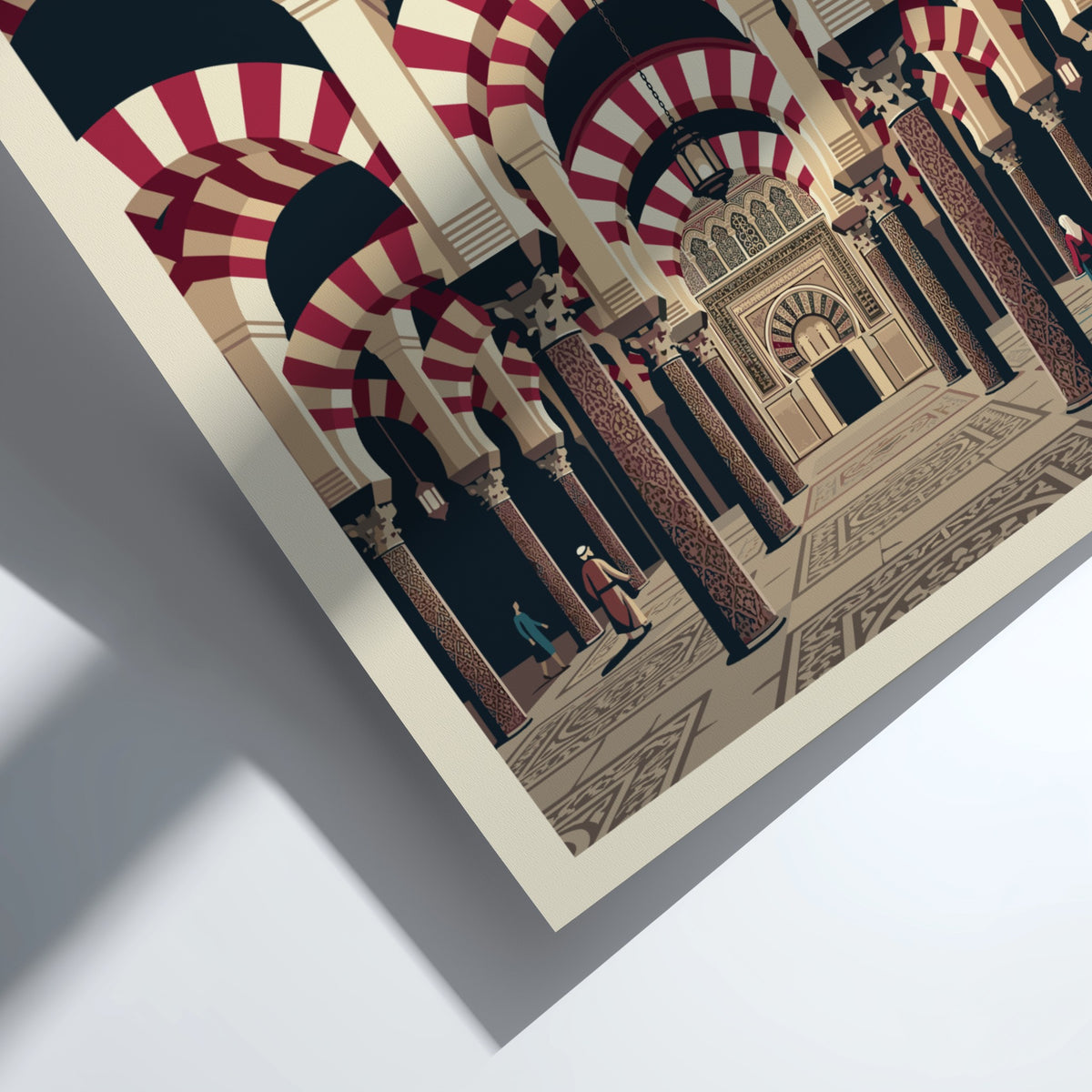 Travel poster of Cordoba Spain featuring iconic red and white striped mosque arches