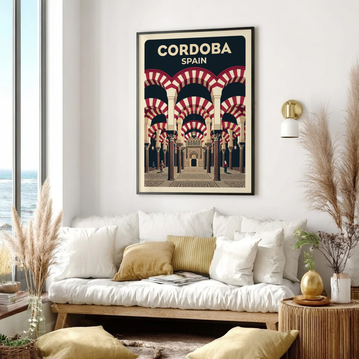 Travel poster of Cordoba Spain featuring iconic red and white striped mosque arches