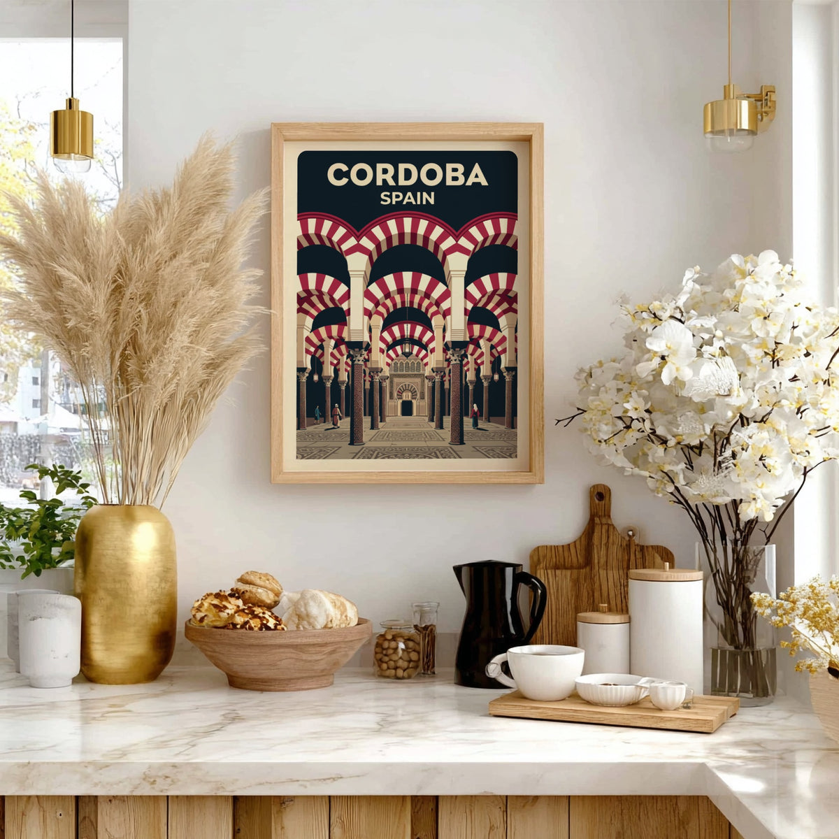 Travel poster of Cordoba Spain featuring iconic red and white striped mosque arches