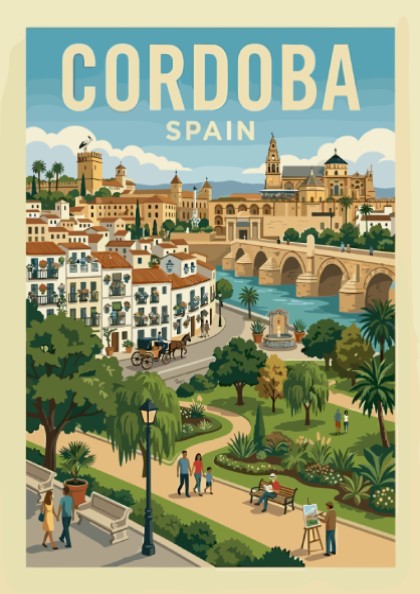 Cordoba Spain travel poster featuring the Roman Bridge and Mezquita-Cathedral in a vibrant illustrative style.