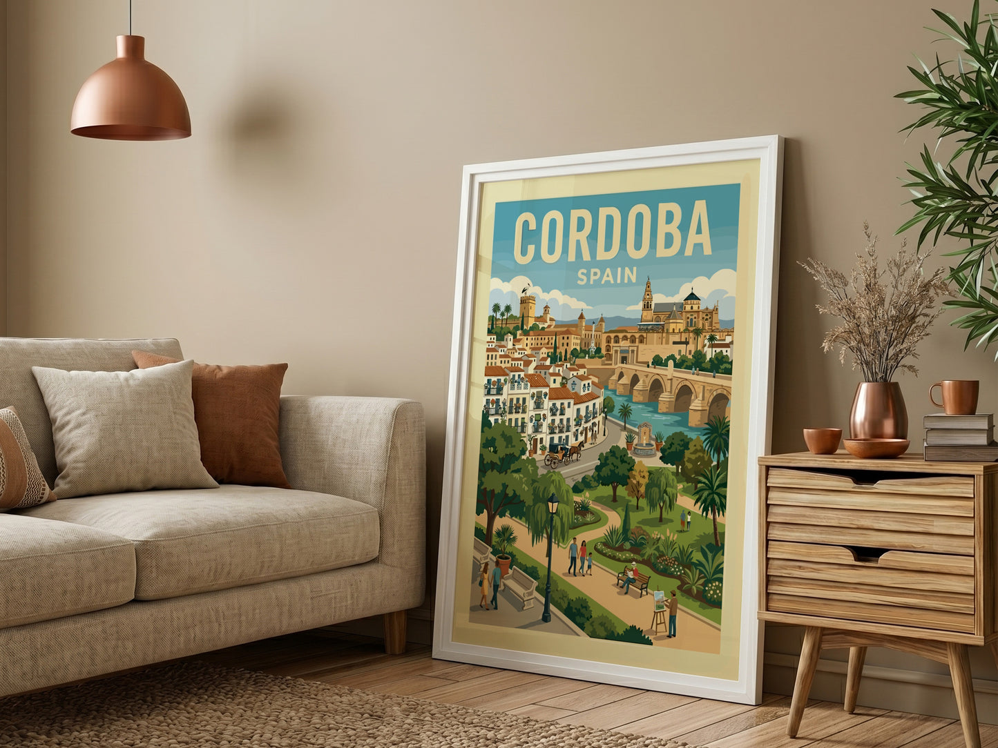 Cordoba Spain travel poster featuring the Roman Bridge and Mezquita-Cathedral in a vibrant illustrative style.