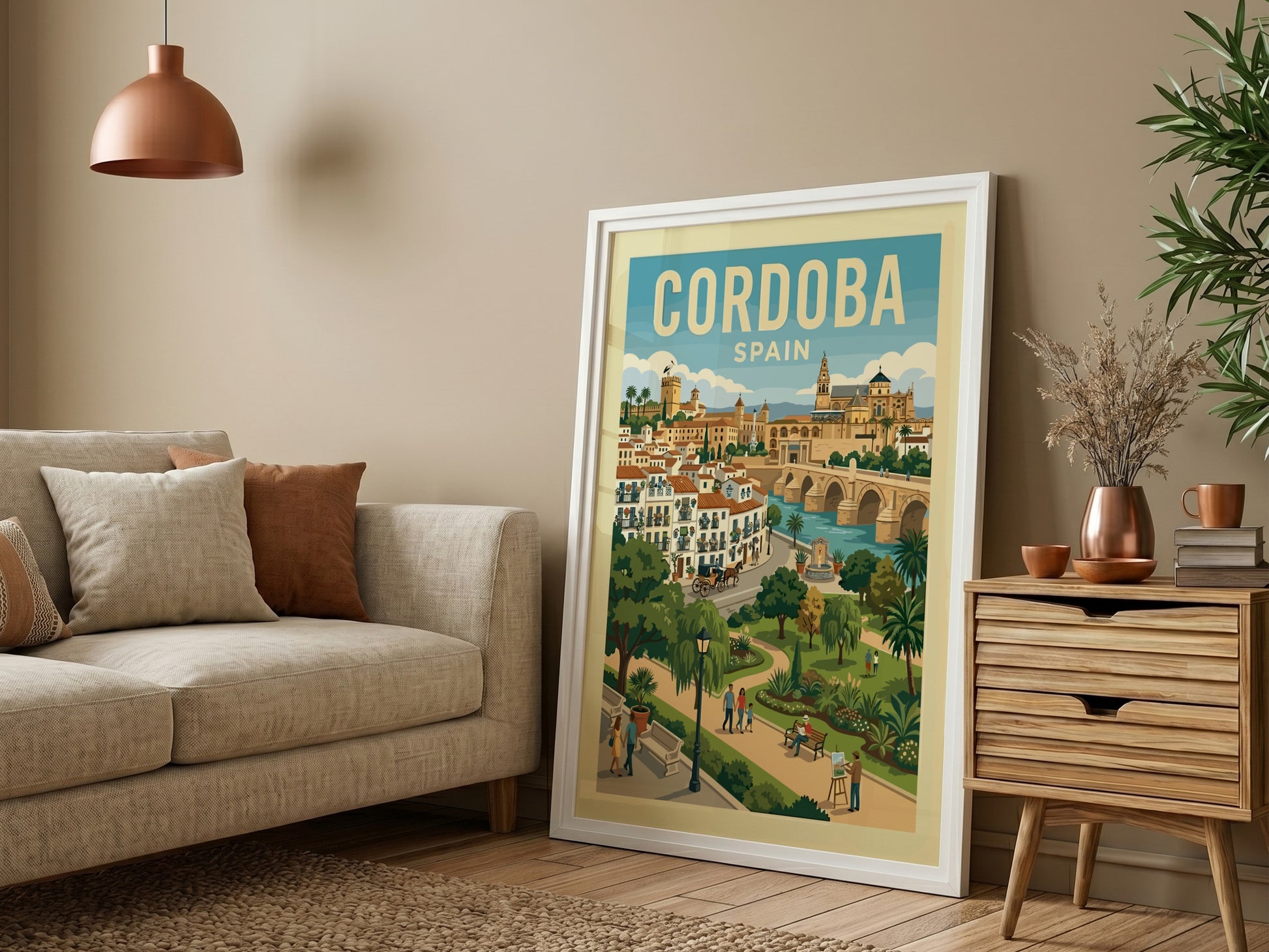 Cordoba Spain travel poster featuring the Roman Bridge and Mezquita-Cathedral in a vibrant illustrative style.