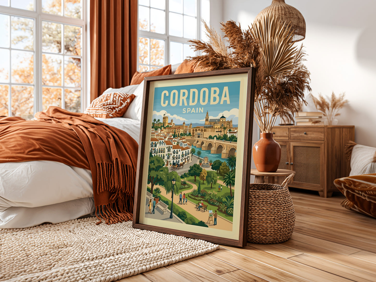 Cordoba Spain travel poster featuring the Roman Bridge and Mezquita-Cathedral in a vibrant illustrative style.
