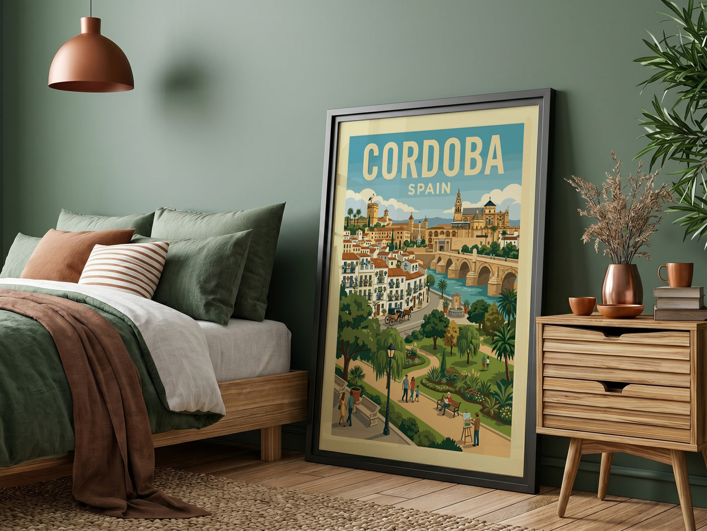 Cordoba Spain travel poster featuring the Roman Bridge and Mezquita-Cathedral in a vibrant illustrative style.
