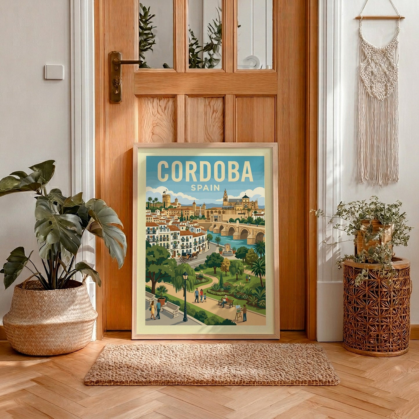 Cordoba Spain travel poster featuring the Roman Bridge and Mezquita-Cathedral in a vibrant illustrative style.