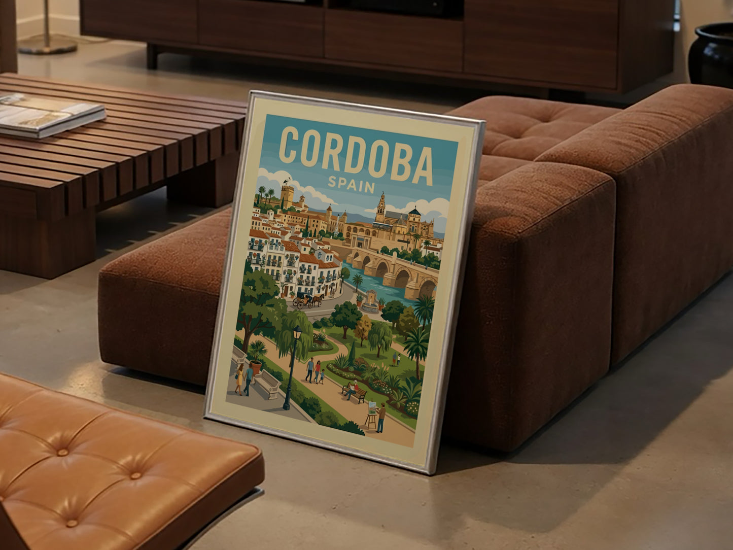 Cordoba Spain travel poster featuring the Roman Bridge and Mezquita-Cathedral in a vibrant illustrative style.