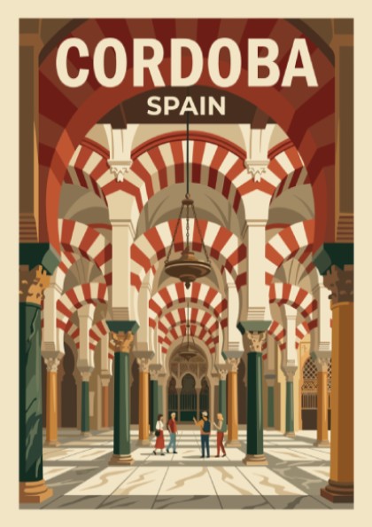 Poster of Cordoba Spain showing the Mezquita with striped arches and warm colours