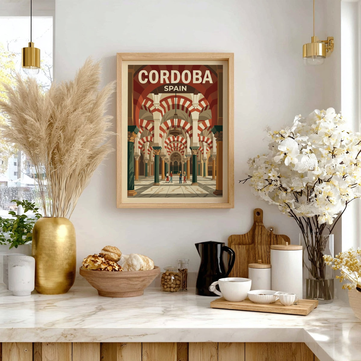 Poster of Cordoba Spain showing the Mezquita with striped arches and warm colours