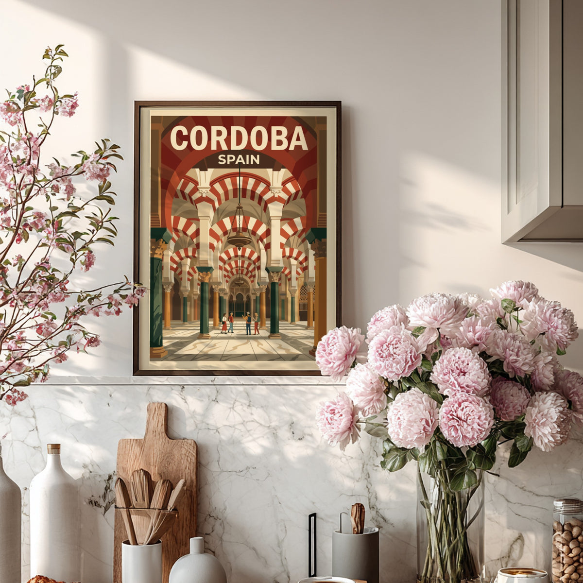 Poster of Cordoba Spain showing the Mezquita with striped arches and warm colours