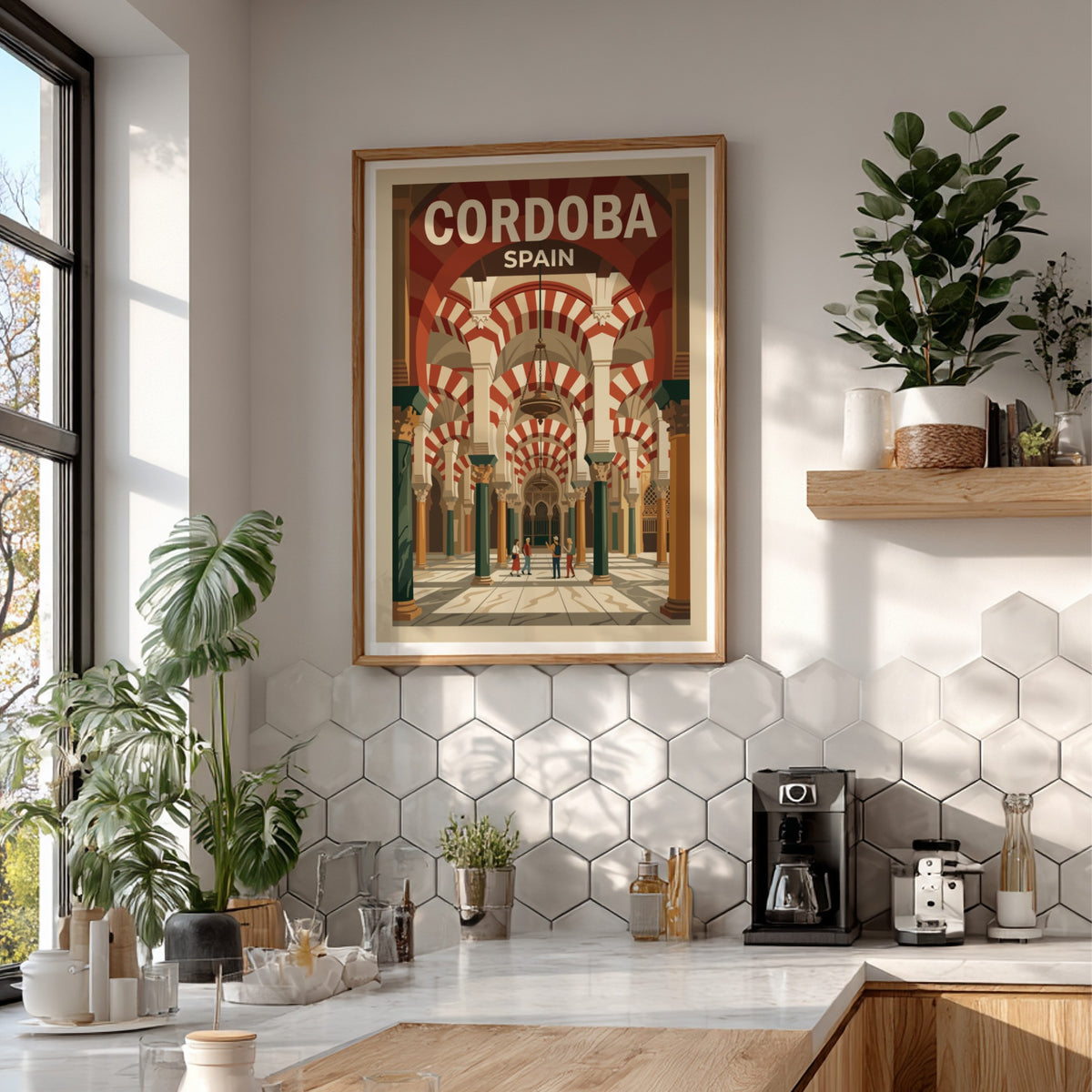Poster of Cordoba Spain showing the Mezquita with striped arches and warm colours