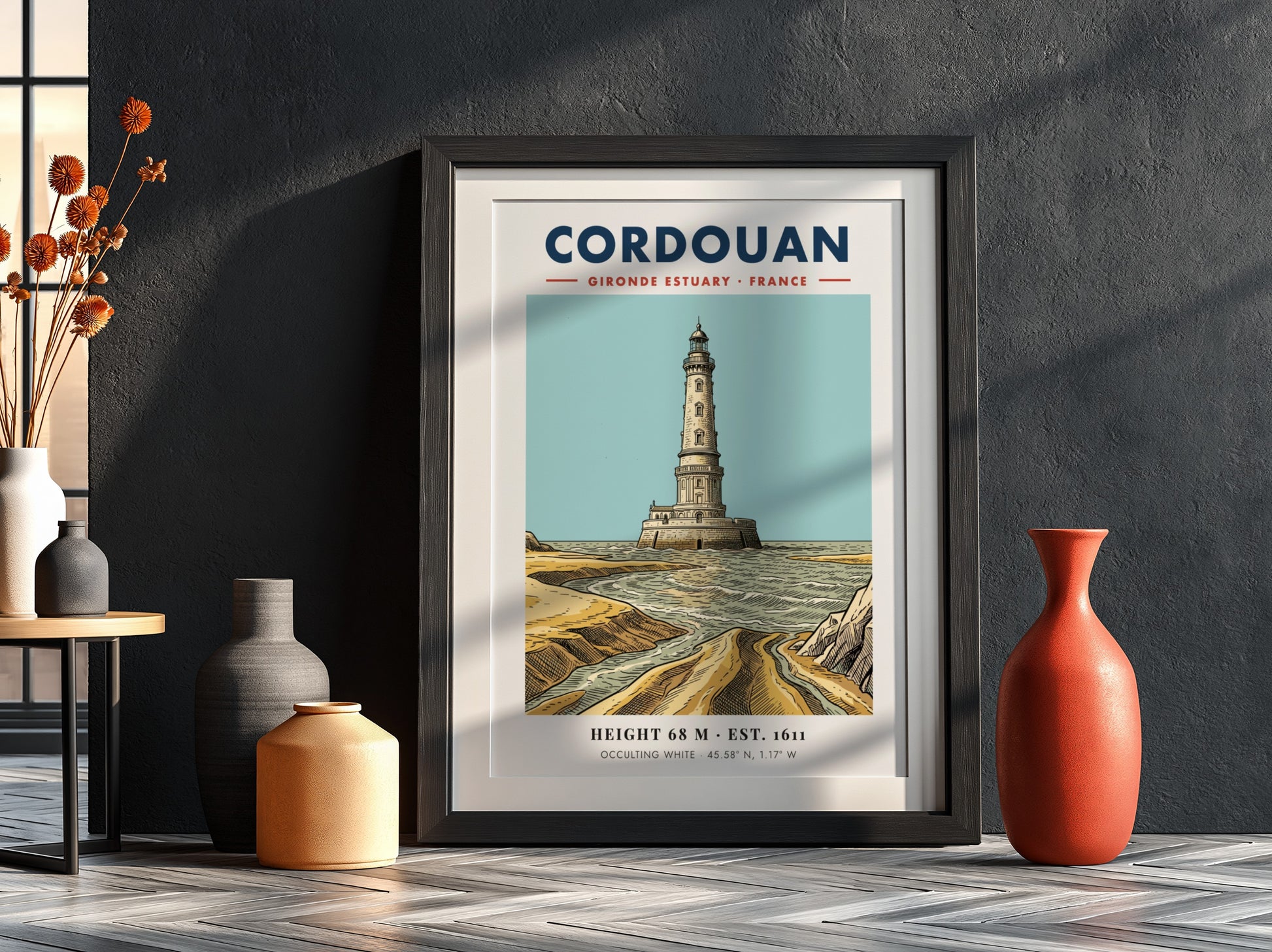 Poster of the Cordouan lighthouse in the Gironde Estuary with blue and sand colours.