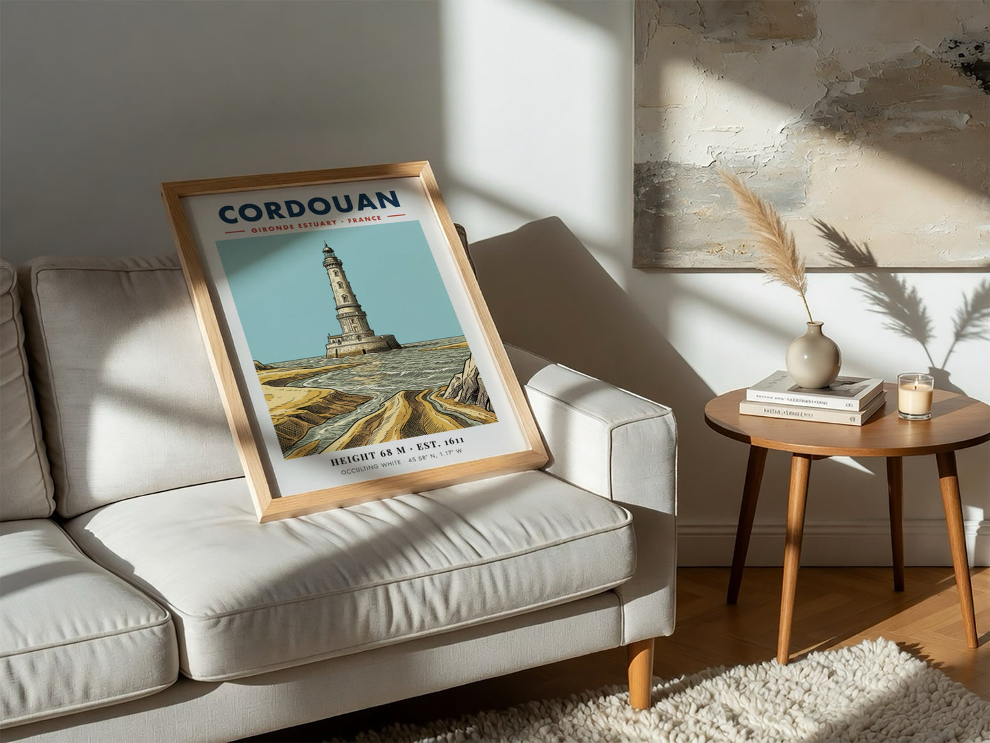 Poster of the Cordouan lighthouse in the Gironde Estuary with blue and sand colours.