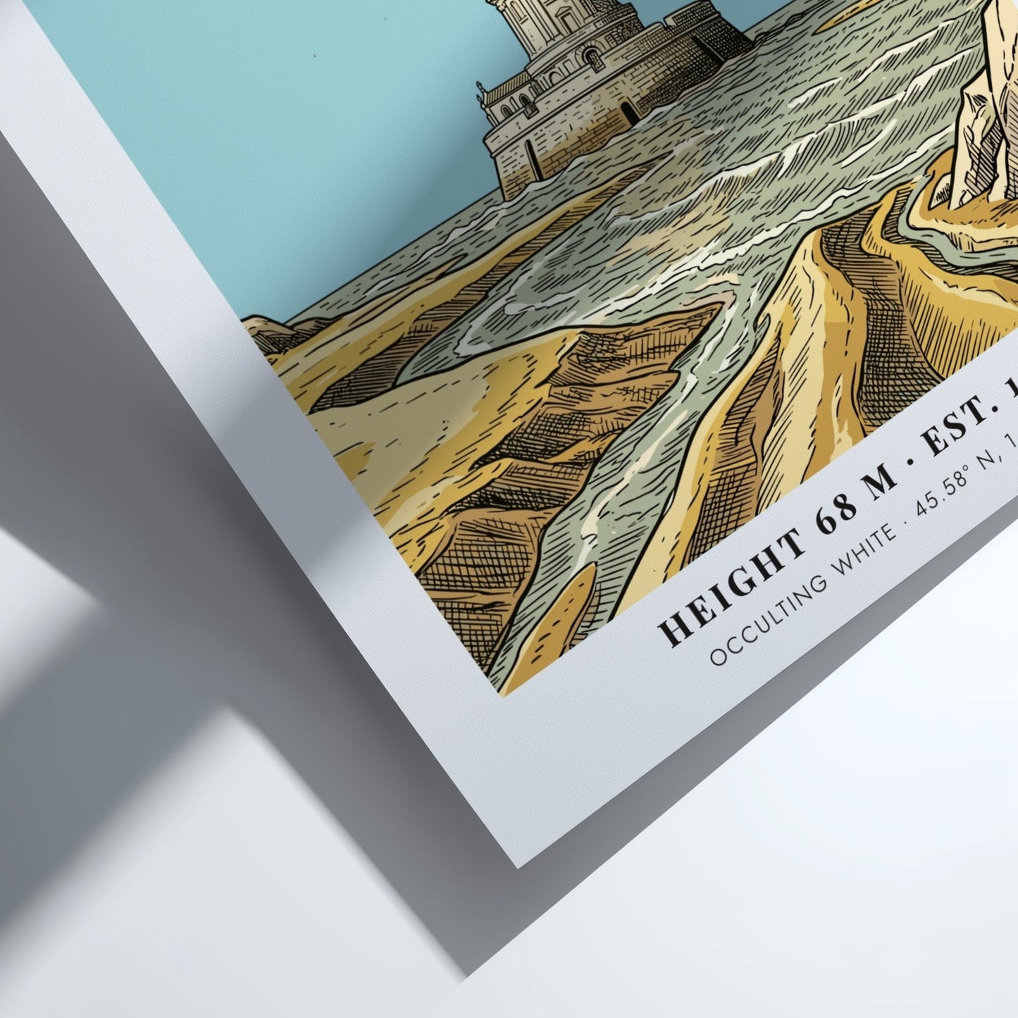 Poster of the Cordouan lighthouse in the Gironde Estuary with blue and sand colours.