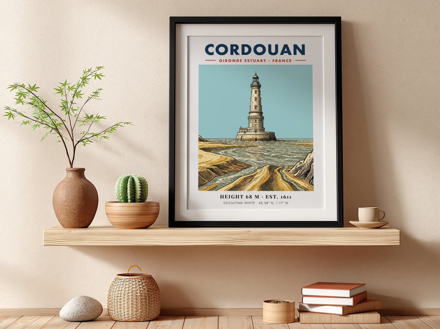 Poster of the Cordouan lighthouse in the Gironde Estuary with blue and sand colours.