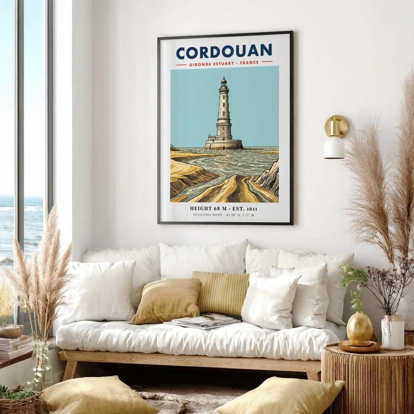 Poster of the Cordouan lighthouse in the Gironde Estuary with blue and sand colours.