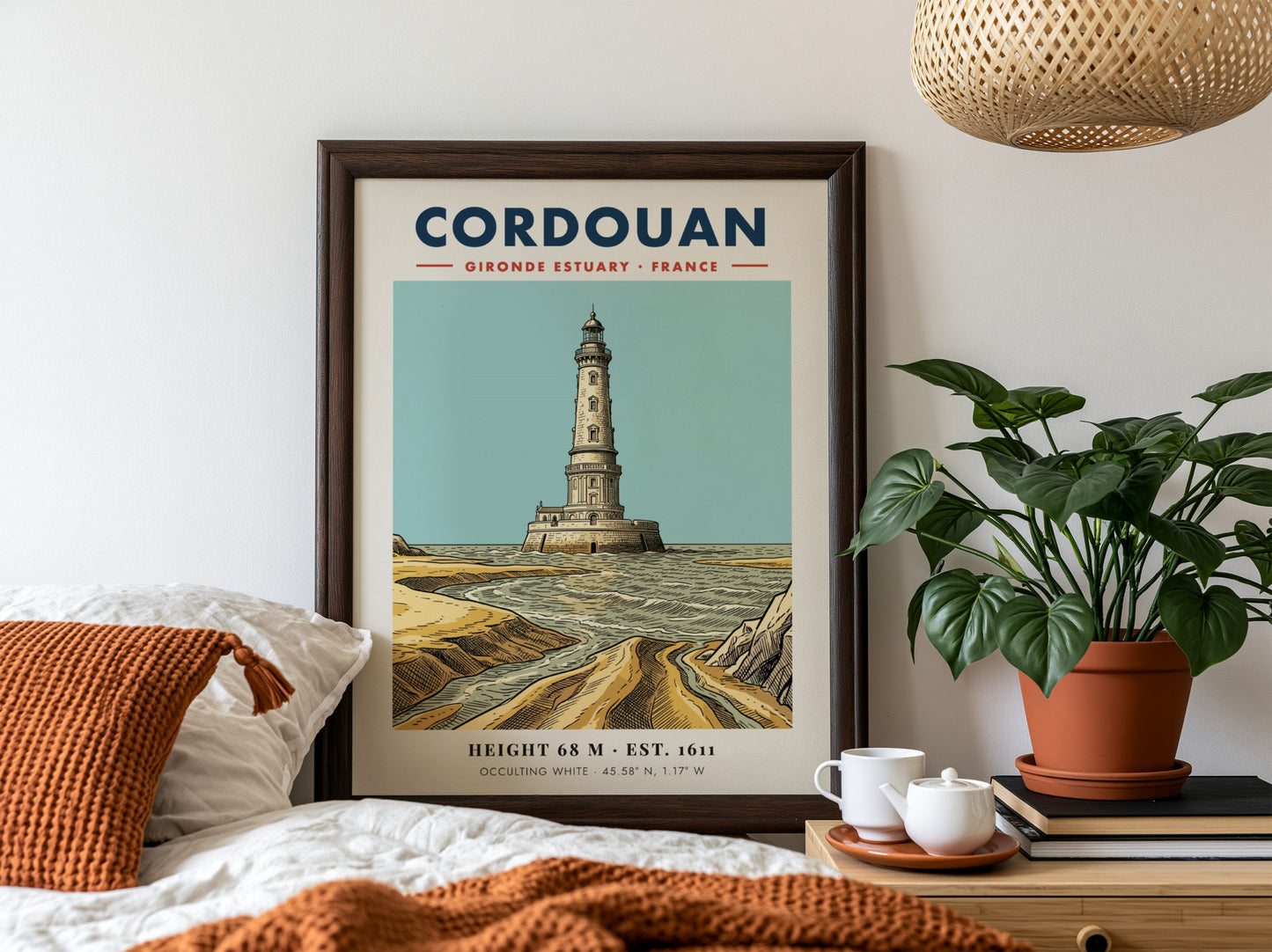 Poster of the Cordouan lighthouse in the Gironde Estuary with blue and sand colours.