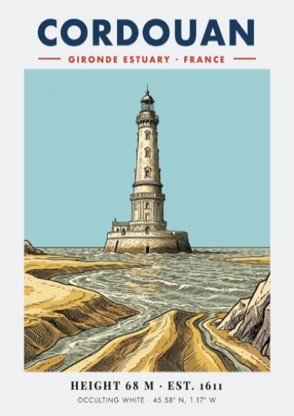 Poster of the Cordouan lighthouse in the Gironde Estuary with blue and sand colours.