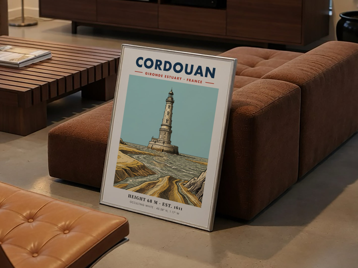Poster of the Cordouan lighthouse in the Gironde Estuary with blue and sand colours.