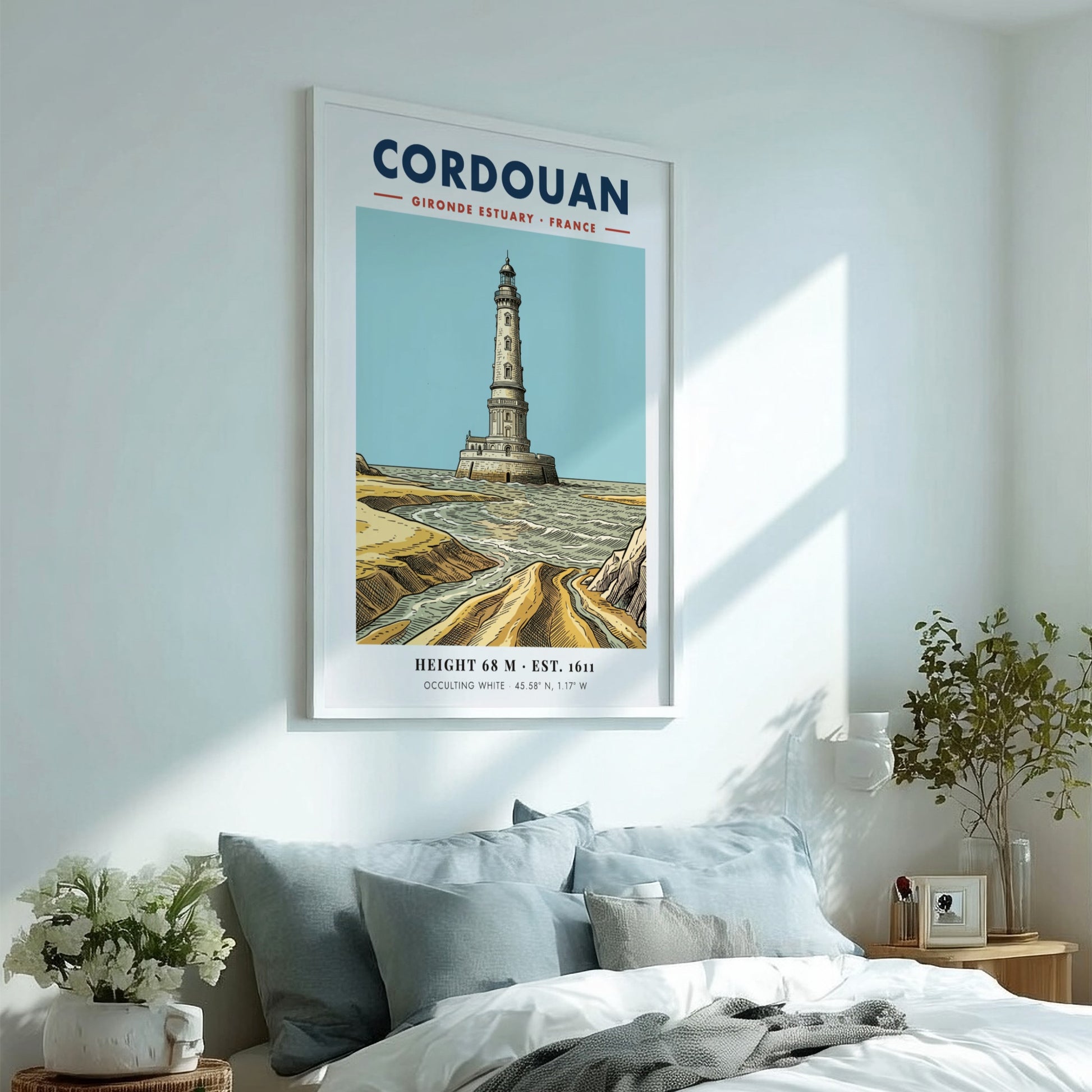 Poster of the Cordouan lighthouse in the Gironde Estuary with blue and sand colours.