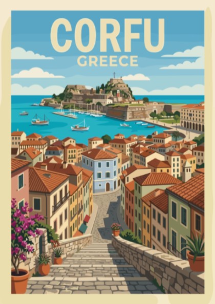 Poster of Corfu Greece featuring a stone staircase leading down to a harbour.