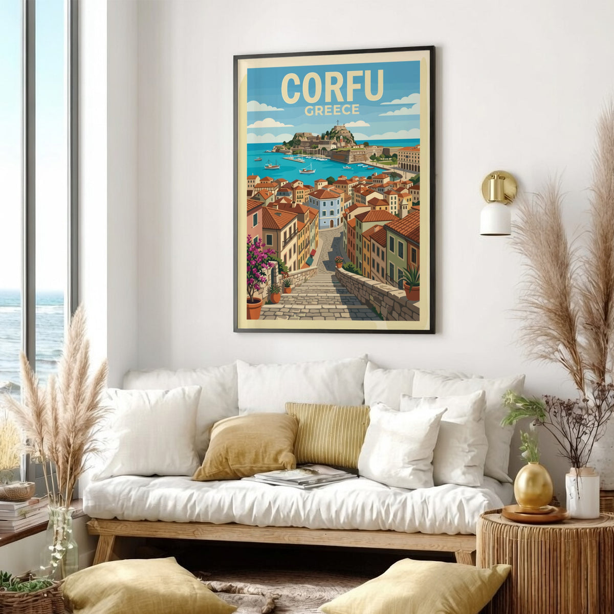 Poster of Corfu Greece featuring a stone staircase leading down to a harbour.