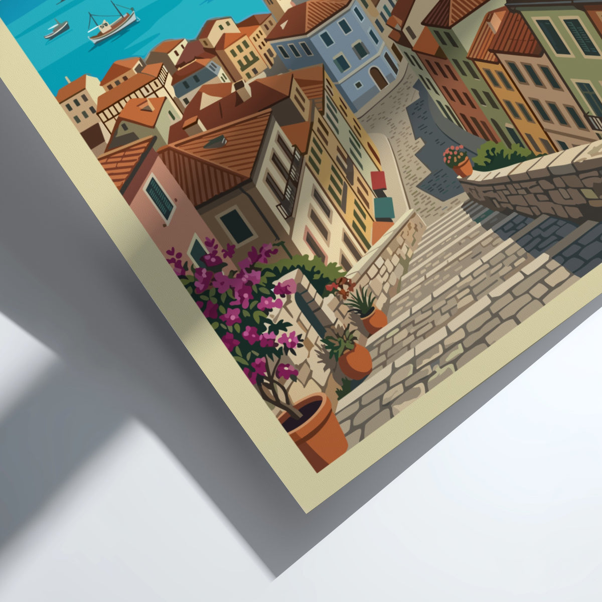 Poster of Corfu Greece featuring a stone staircase leading down to a harbour.