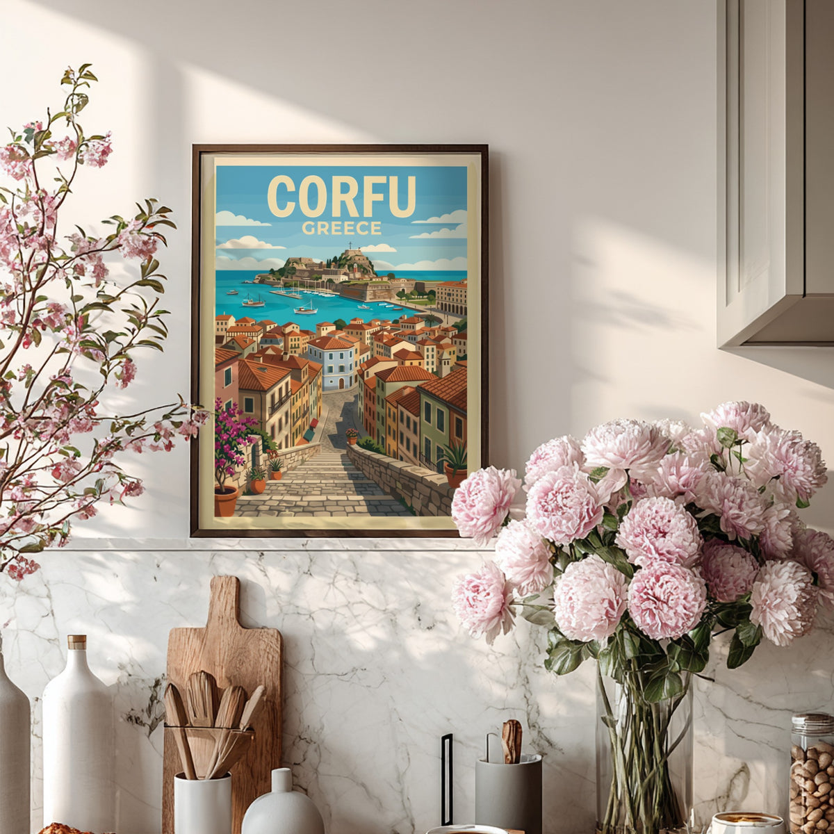 Poster of Corfu Greece featuring a stone staircase leading down to a harbour.