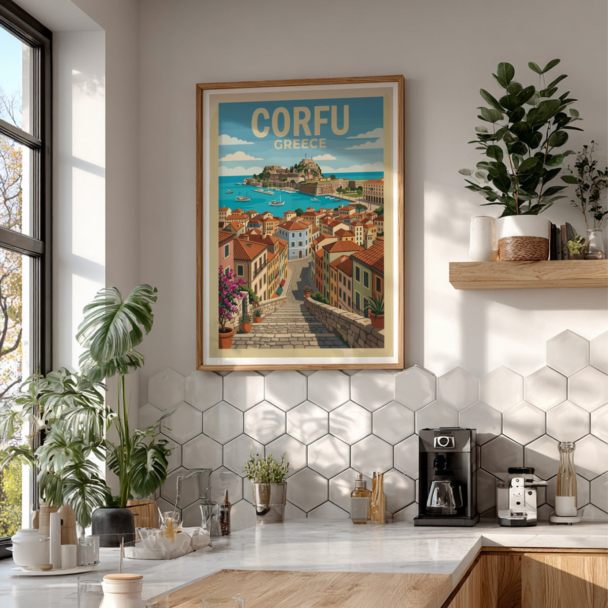 Poster of Corfu Greece featuring a stone staircase leading down to a harbour.