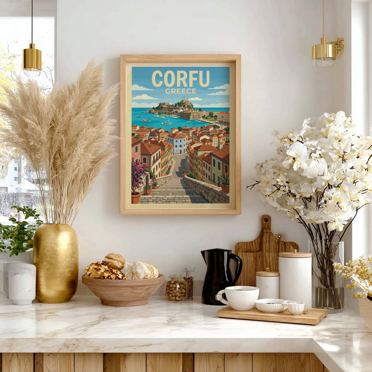 Poster of Corfu Greece featuring a stone staircase leading down to a harbour.