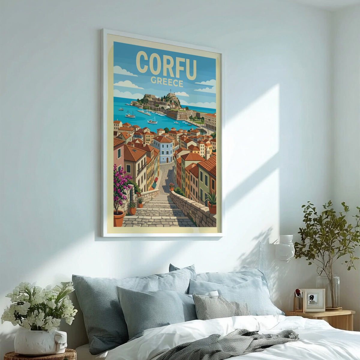 Poster of Corfu Greece featuring a stone staircase leading down to a harbour.
