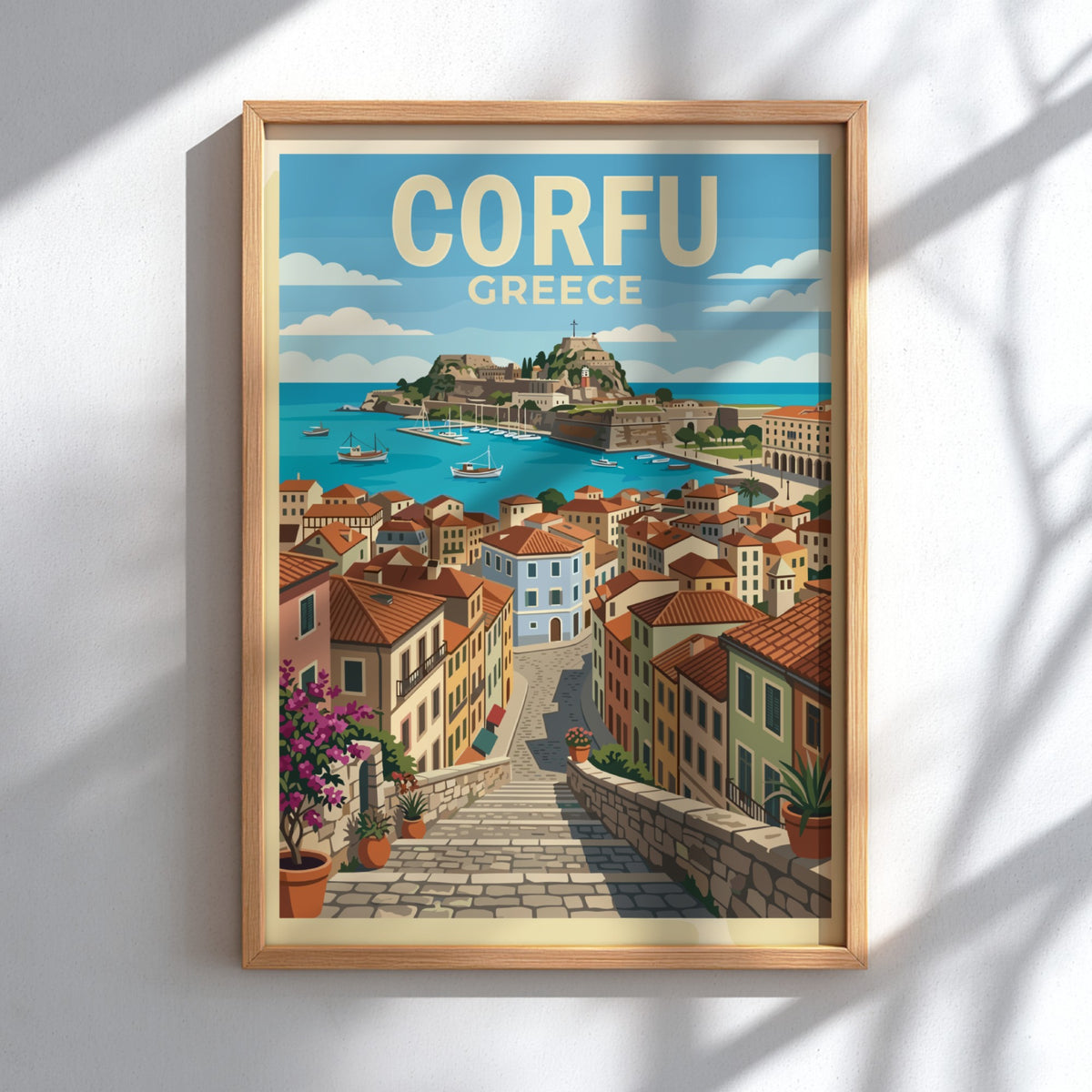 Poster of Corfu Greece featuring a stone staircase leading down to a harbour.