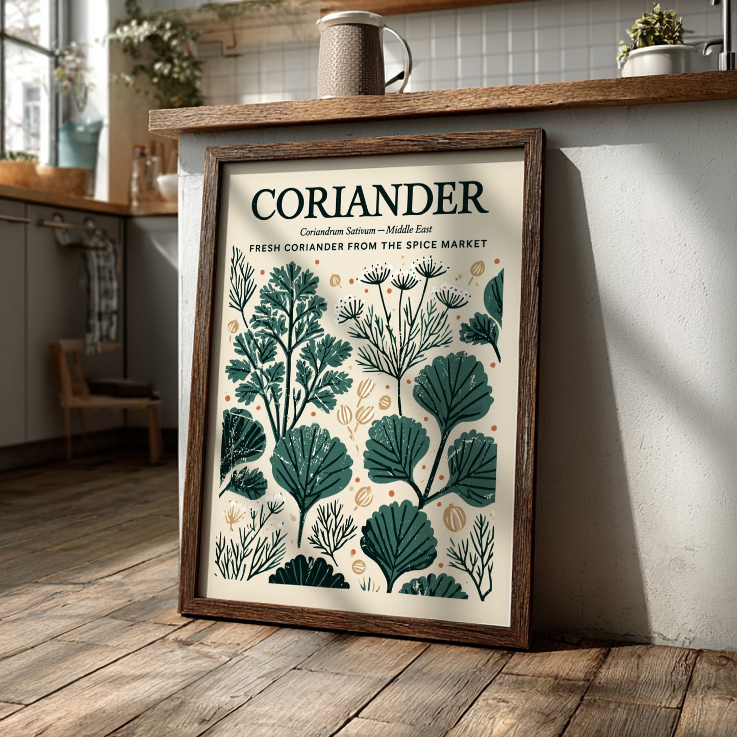 Kitchen poster featuring coriander illustrations in green tones, botanical style, perfect for decor